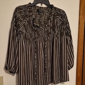 a n.a Womens Olive Green With White Stripe Smocked Blouse SZ XL